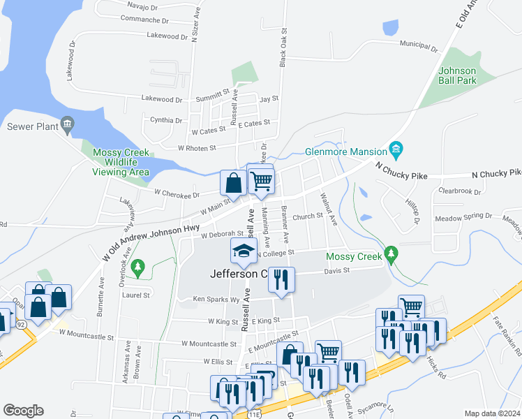 map of restaurants, bars, coffee shops, grocery stores, and more near 1917 Manning Avenue in Jefferson City