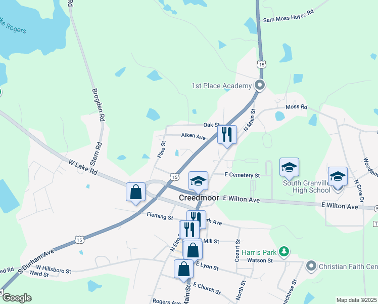 map of restaurants, bars, coffee shops, grocery stores, and more near 201 Korbin Court in Creedmoor