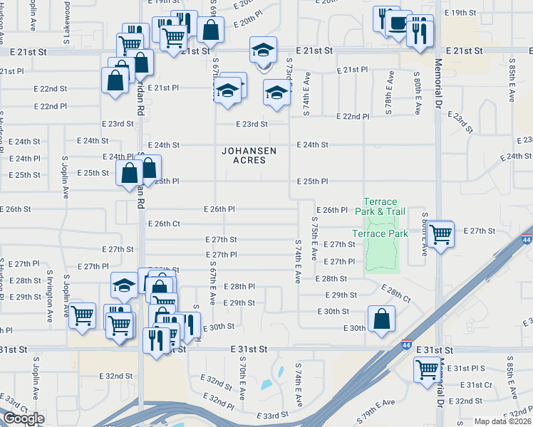 map of restaurants, bars, coffee shops, grocery stores, and more near 6772 East 26th Place in Tulsa