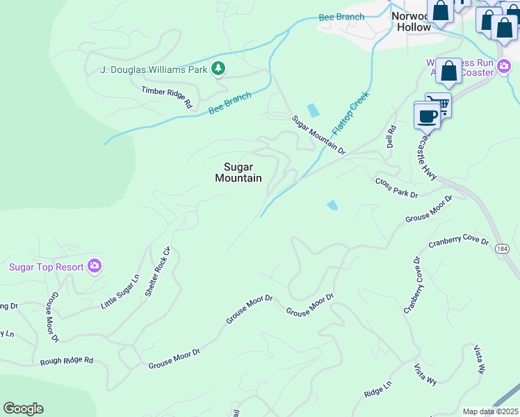 map of restaurants, bars, coffee shops, grocery stores, and more near 351 Mossy Creek Lane in Sugar Mountain