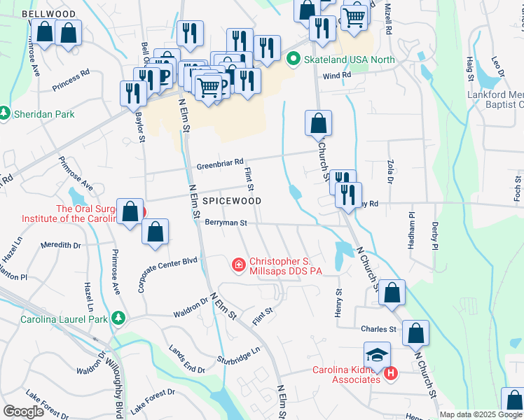 map of restaurants, bars, coffee shops, grocery stores, and more near 3700 Flint Street in Greensboro