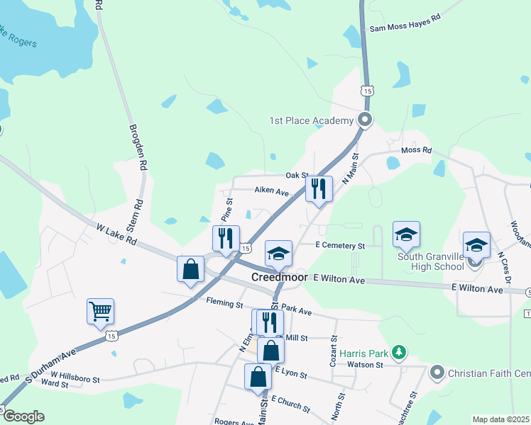 map of restaurants, bars, coffee shops, grocery stores, and more near 201 Korbin Court in Creedmoor