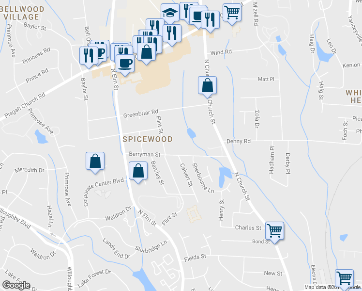 map of restaurants, bars, coffee shops, grocery stores, and more near 308 Berryman Street in Greensboro