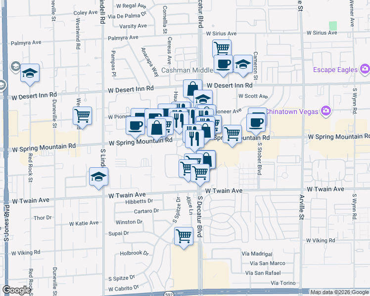 map of restaurants, bars, coffee shops, grocery stores, and more near 4949 Spring Mountain Road in Las Vegas