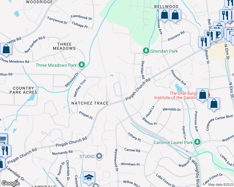 map of restaurants, bars, coffee shops, grocery stores, and more near 3710 Worthing Court in Greensboro