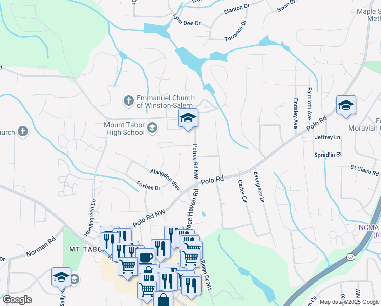 map of restaurants, bars, coffee shops, grocery stores, and more near 210 Petree Road in Winston-Salem