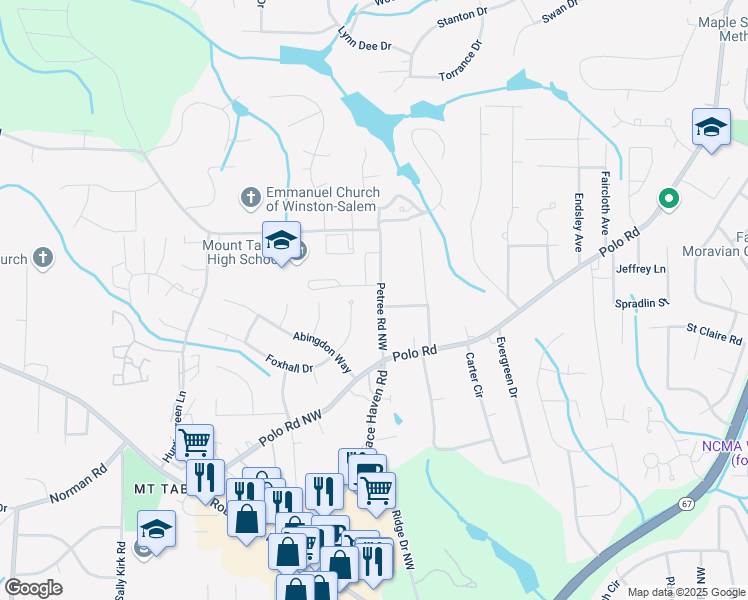 map of restaurants, bars, coffee shops, grocery stores, and more near 210 Petree Road in Winston-Salem