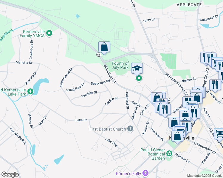 map of restaurants, bars, coffee shops, grocery stores, and more near 621 West Mountain Street in Kernersville