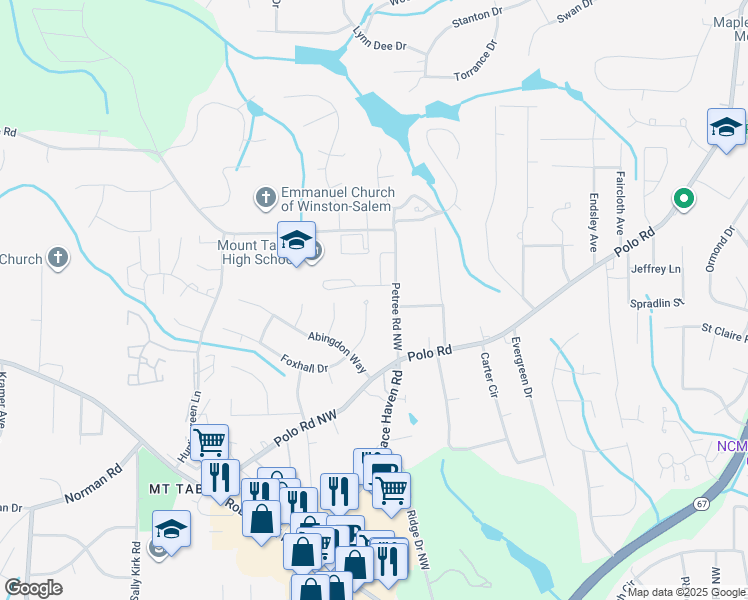 map of restaurants, bars, coffee shops, grocery stores, and more near 1271 Foxhall Drive in Winston-Salem