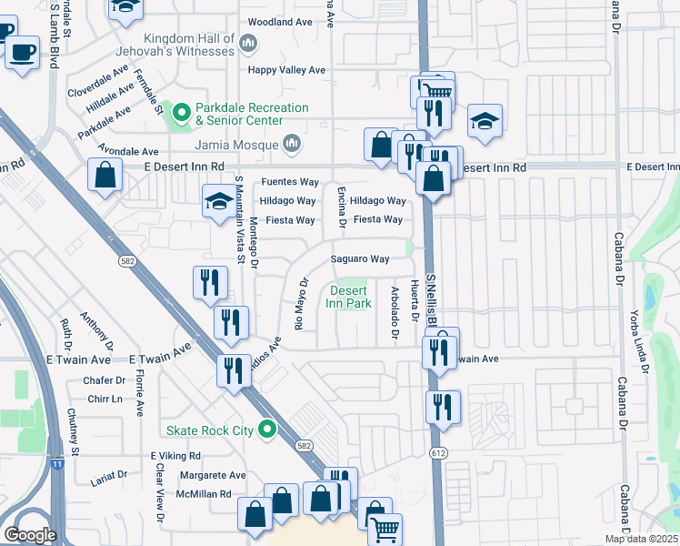 map of restaurants, bars, coffee shops, grocery stores, and more near 4837 Saguaro Way in Las Vegas