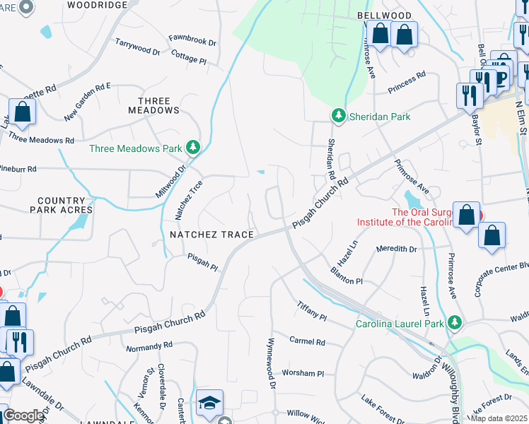 map of restaurants, bars, coffee shops, grocery stores, and more near 3723 Worthing Court in Greensboro