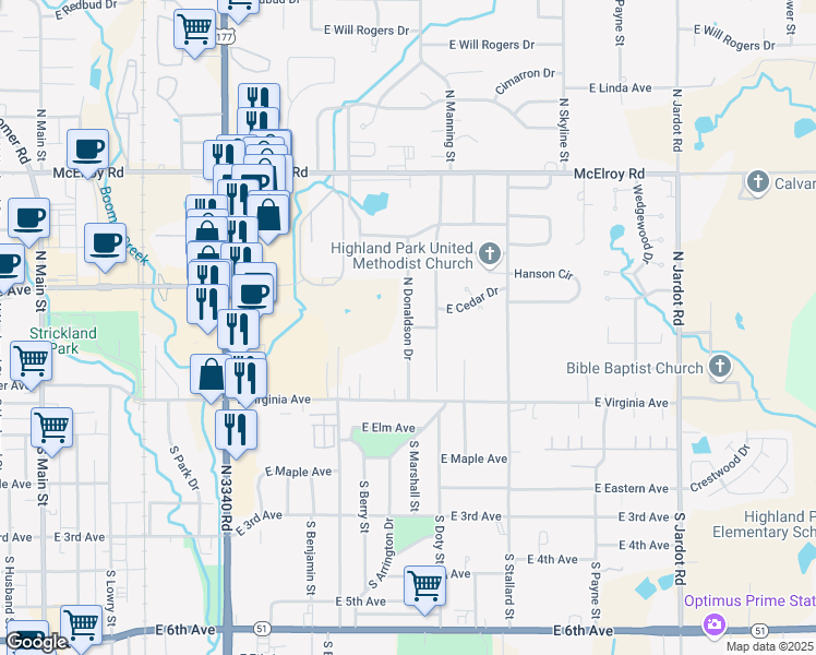 map of restaurants, bars, coffee shops, grocery stores, and more near 298 North Donaldson Drive in Stillwater