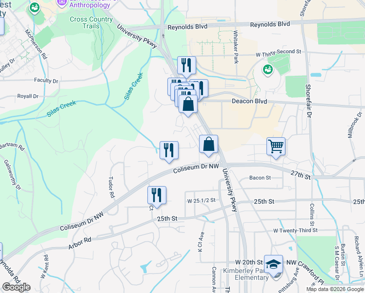 map of restaurants, bars, coffee shops, grocery stores, and more near 621 Gunston Court in Winston-Salem