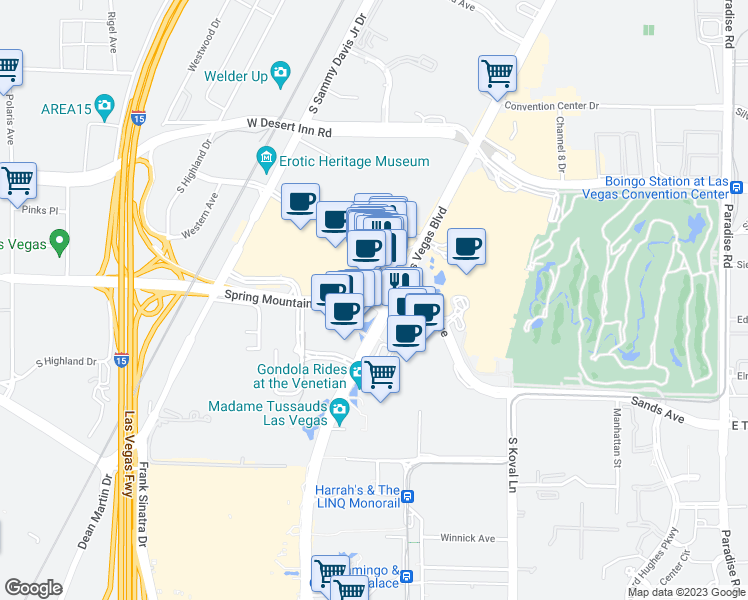 map of restaurants, bars, coffee shops, grocery stores, and more near 0 Spring Mountain Road in Las Vegas