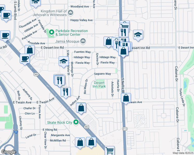 map of restaurants, bars, coffee shops, grocery stores, and more near 4837 Saguaro Way in Las Vegas