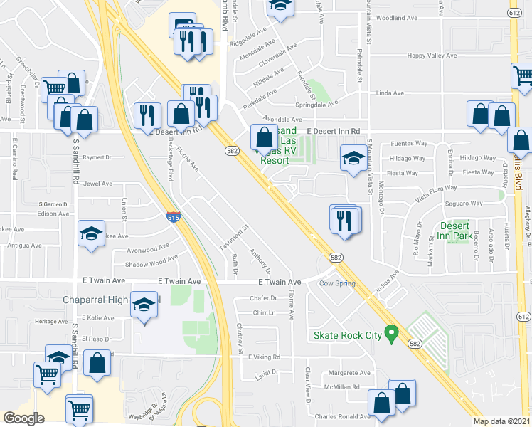 map of restaurants, bars, coffee shops, grocery stores, and more near 4350 Boulder Highway in Las Vegas