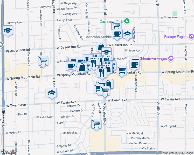 map of restaurants, bars, coffee shops, grocery stores, and more near 4949 Spring Mountain Road in Las Vegas