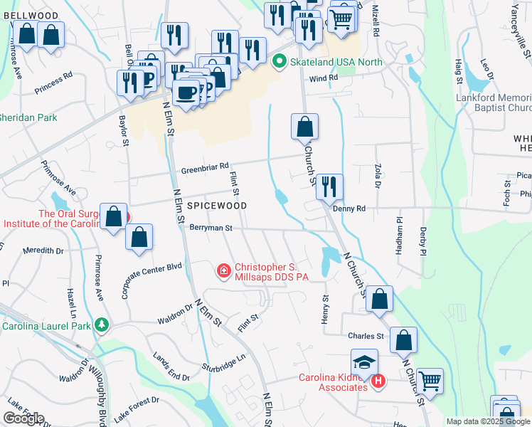 map of restaurants, bars, coffee shops, grocery stores, and more near 308 Berryman Street in Greensboro