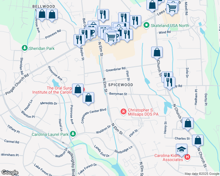 map of restaurants, bars, coffee shops, grocery stores, and more near 3711 Atlas Street in Greensboro