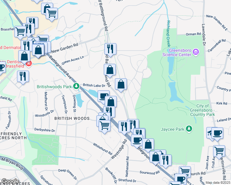 map of restaurants, bars, coffee shops, grocery stores, and more near 3515 Old Battleground Road in Greensboro