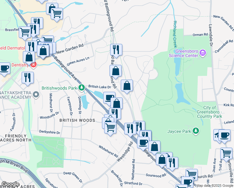 map of restaurants, bars, coffee shops, grocery stores, and more near 3515 Old Battleground Road in Greensboro