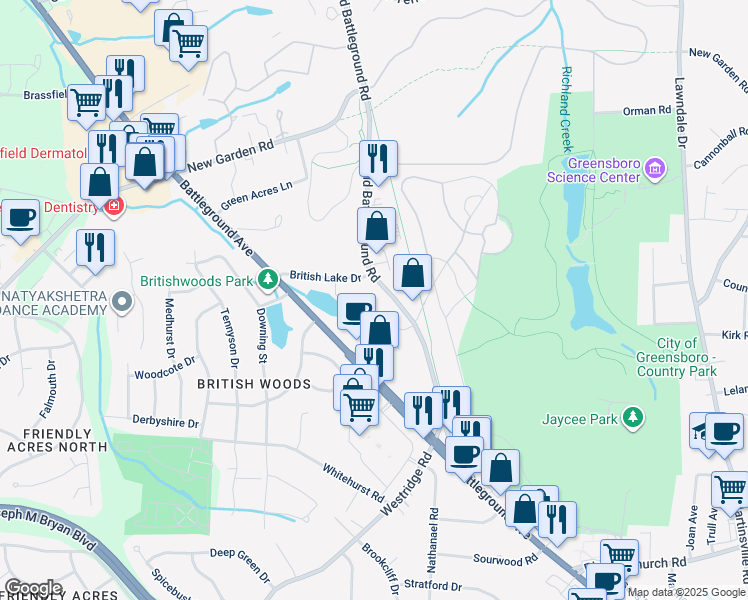 map of restaurants, bars, coffee shops, grocery stores, and more near 3515 Old Battleground Road in Greensboro