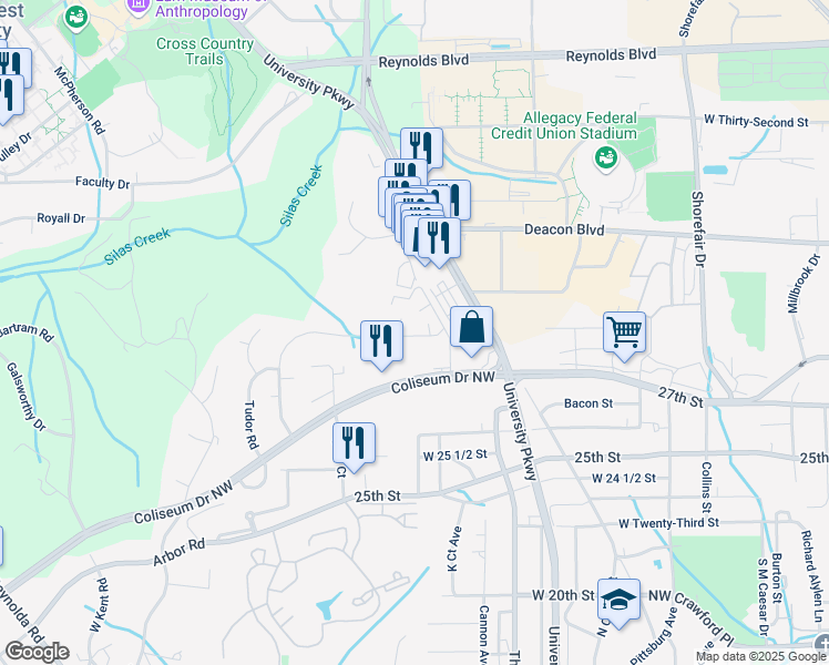 map of restaurants, bars, coffee shops, grocery stores, and more near 621 Gunston Court in Winston-Salem