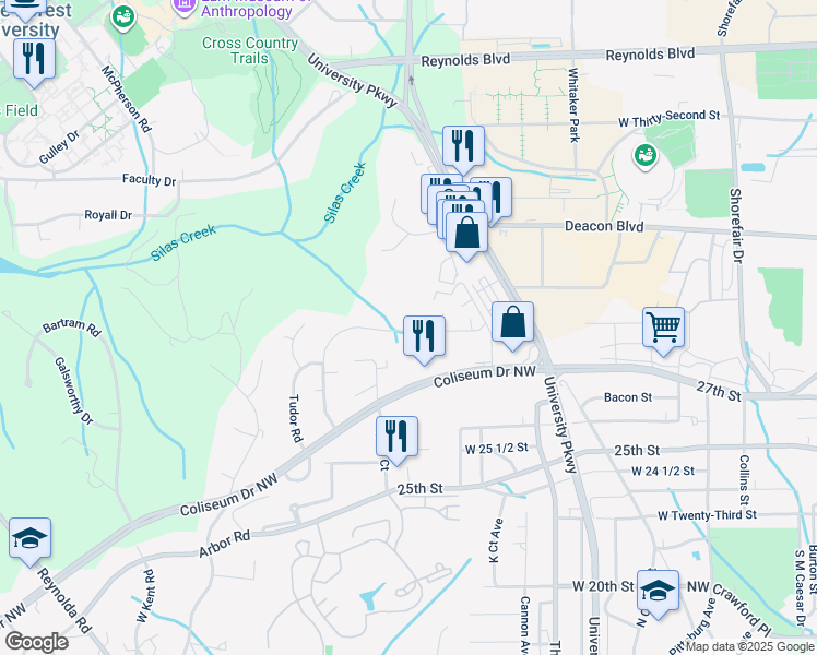 map of restaurants, bars, coffee shops, grocery stores, and more near 2800 Carriage Drive in Winston-Salem