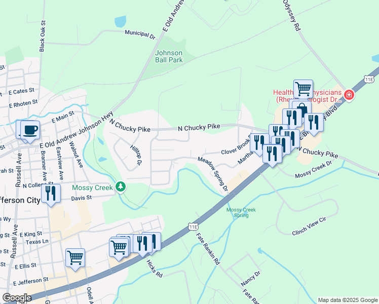 map of restaurants, bars, coffee shops, grocery stores, and more near 435 Clearbrook Drive in Jefferson City
