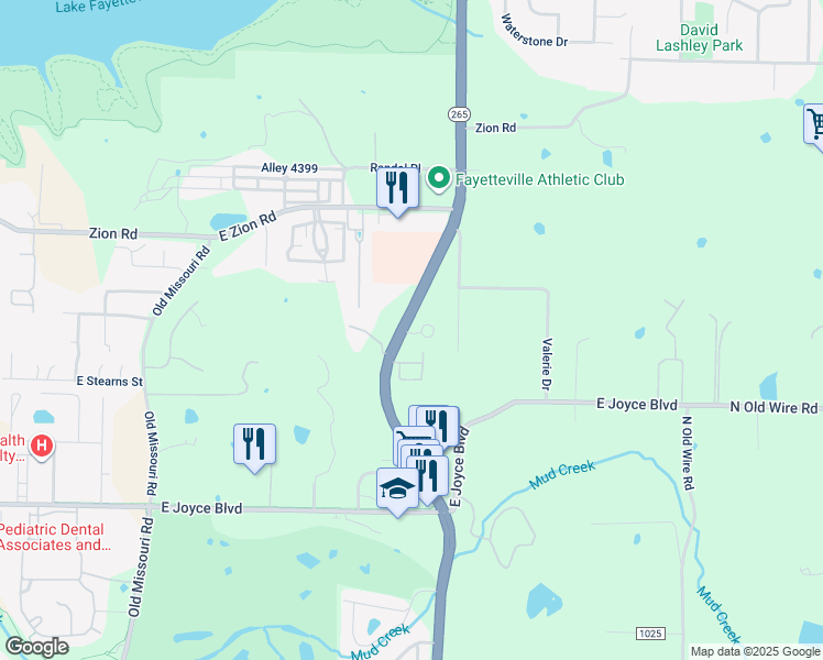map of restaurants, bars, coffee shops, grocery stores, and more near 4171 North Crossover Road in Fayetteville