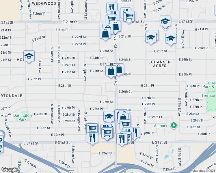 map of restaurants, bars, coffee shops, grocery stores, and more near 2604 South Sheridan Road in Tulsa