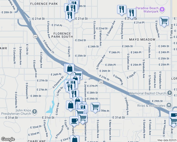 map of restaurants, bars, coffee shops, grocery stores, and more near 3909 East 26th Street in Tulsa