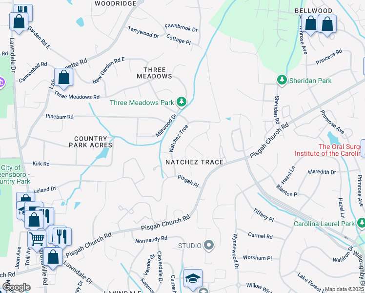 map of restaurants, bars, coffee shops, grocery stores, and more near 1815 Natchez Trce in Greensboro