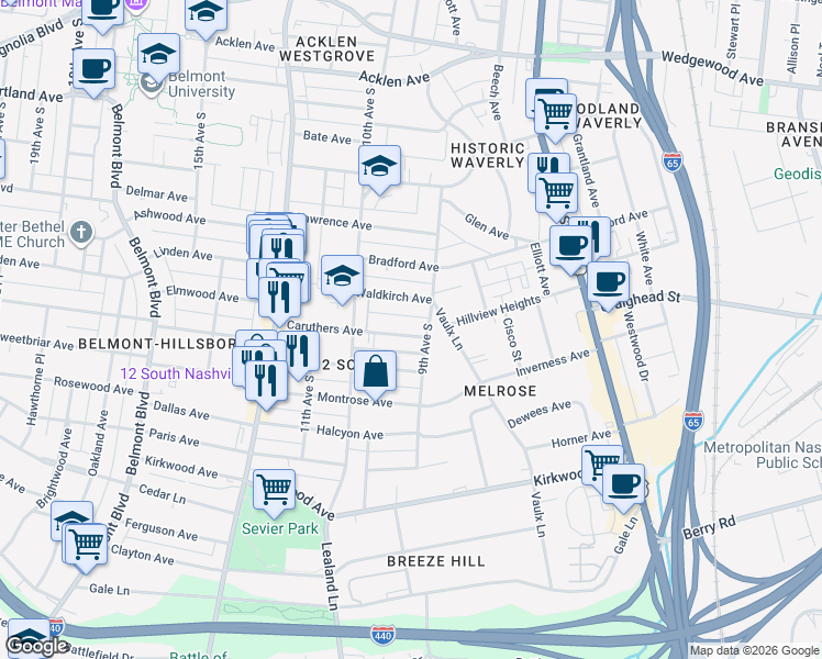 map of restaurants, bars, coffee shops, grocery stores, and more near 906 Caruthers Avenue in Nashville