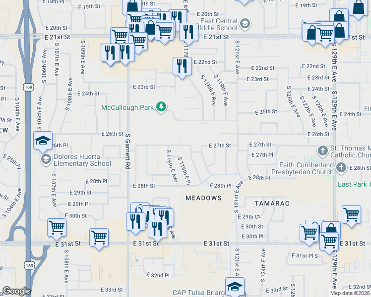 map of restaurants, bars, coffee shops, grocery stores, and more near 11645 East 27th Street in Tulsa
