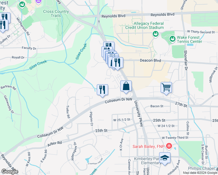 map of restaurants, bars, coffee shops, grocery stores, and more near 2811 Tully Square in Winston-Salem
