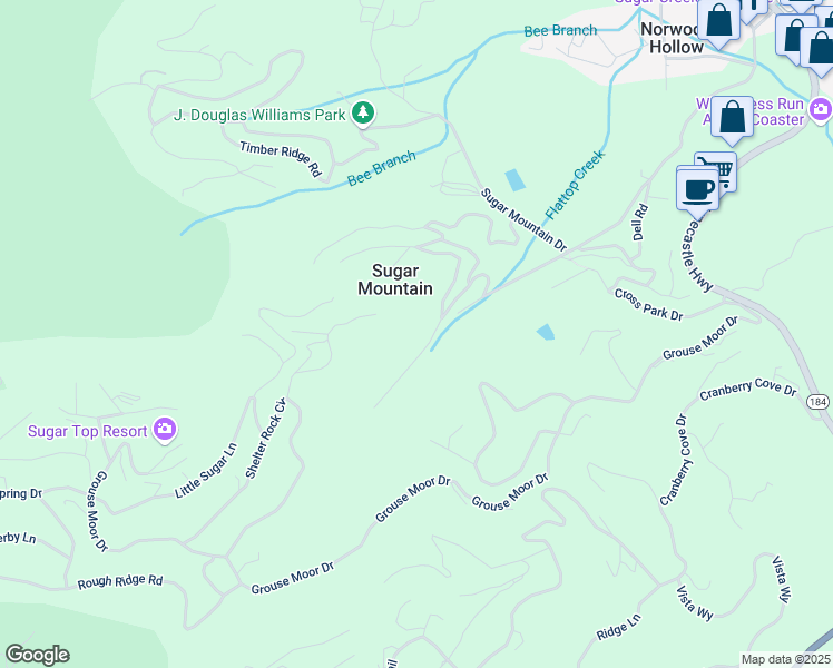 map of restaurants, bars, coffee shops, grocery stores, and more near 351 Mossy Creek Lane in Sugar Mountain