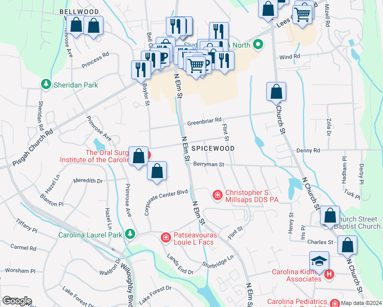 map of restaurants, bars, coffee shops, grocery stores, and more near 3302 North Elm Street in Greensboro