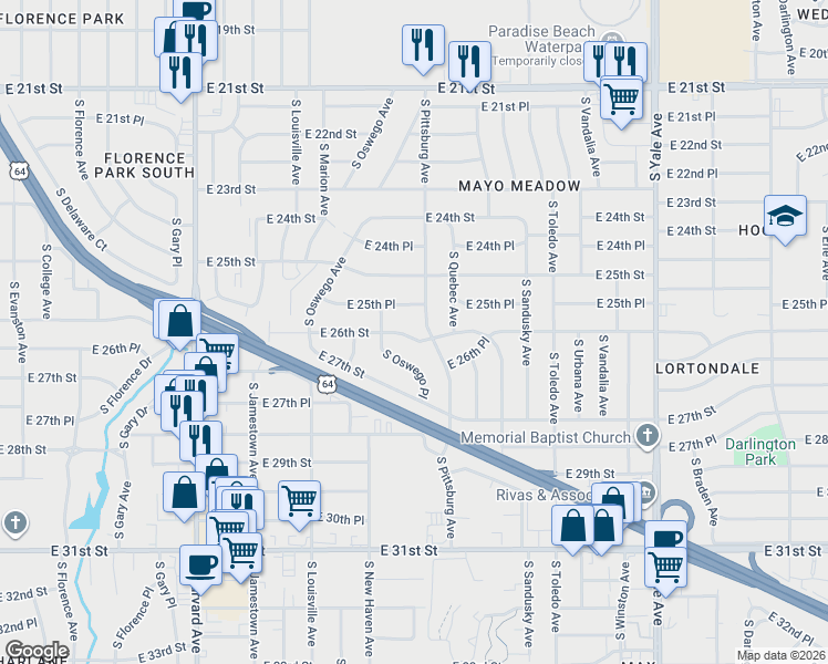 map of restaurants, bars, coffee shops, grocery stores, and more near 4087 East 26th Street in Tulsa