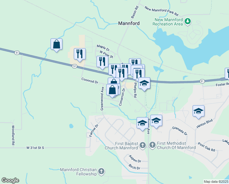 map of restaurants, bars, coffee shops, grocery stores, and more near 149 Bill Phelps Boulevard in Mannford