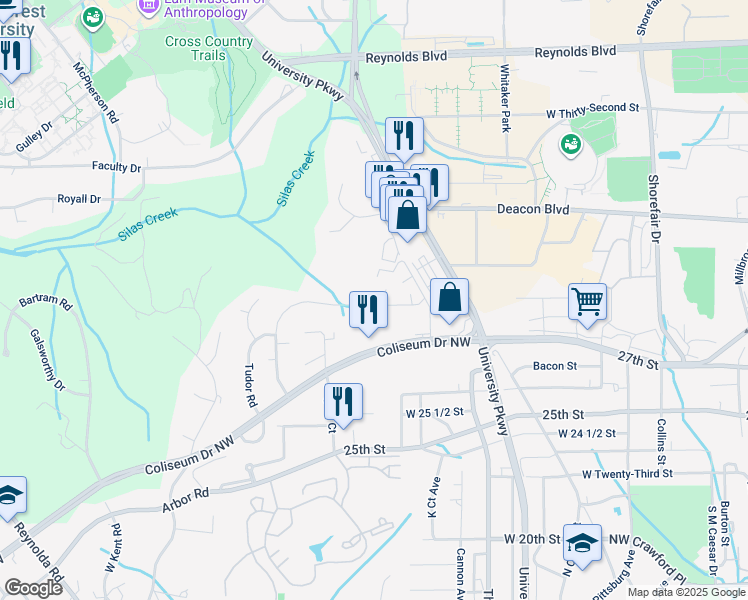 map of restaurants, bars, coffee shops, grocery stores, and more near 2841 Tully Square in Winston-Salem