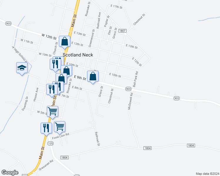 map of restaurants, bars, coffee shops, grocery stores, and more near 512 East 9th Street in Scotland Neck