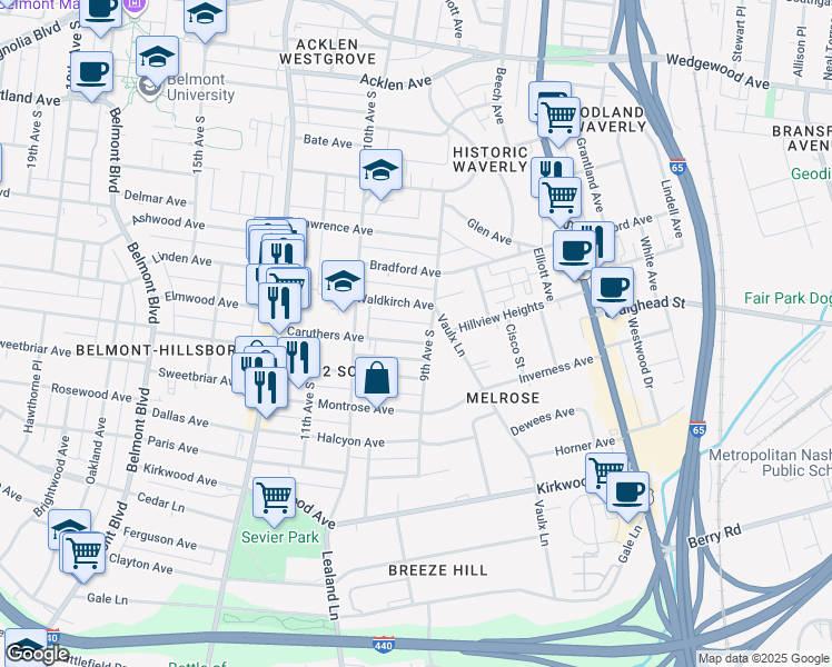 map of restaurants, bars, coffee shops, grocery stores, and more near 906 Caruthers Avenue in Nashville