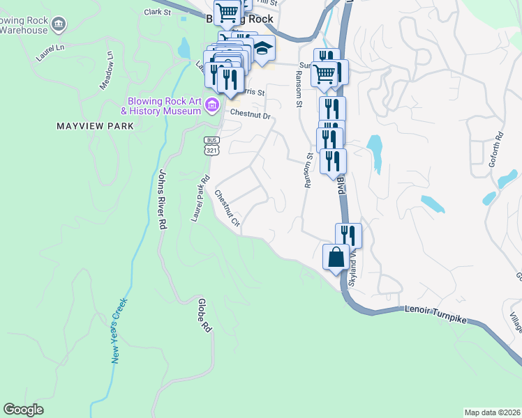 map of restaurants, bars, coffee shops, grocery stores, and more near 637 Chestnut Drive in Blowing Rock