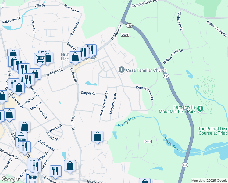 map of restaurants, bars, coffee shops, grocery stores, and more near 304 Marylebone Drive in Kernersville