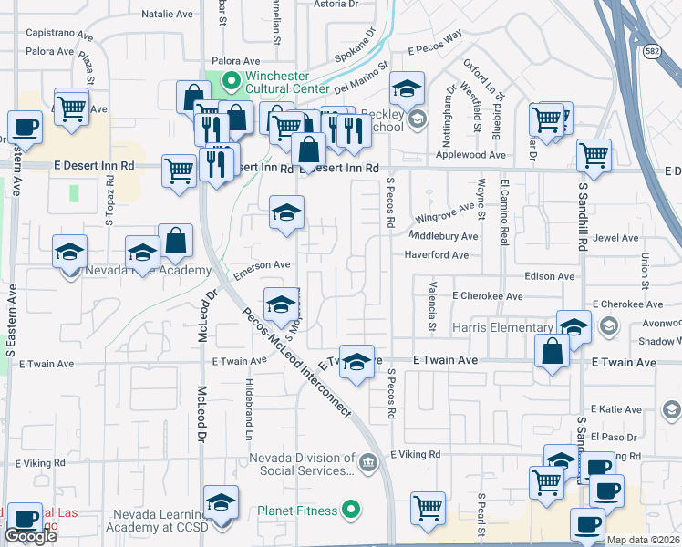 map of restaurants, bars, coffee shops, grocery stores, and more near 3506 Calvert Court in Las Vegas