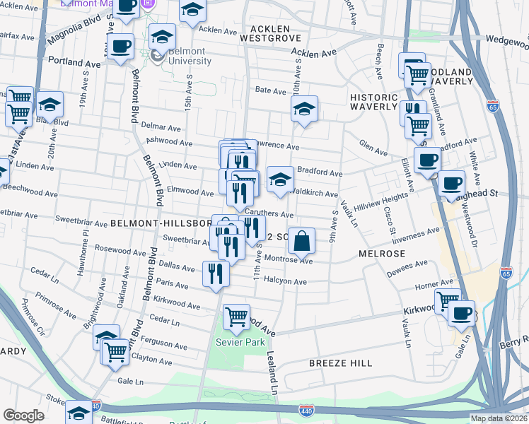 map of restaurants, bars, coffee shops, grocery stores, and more near 2301 10th Avenue South in Nashville