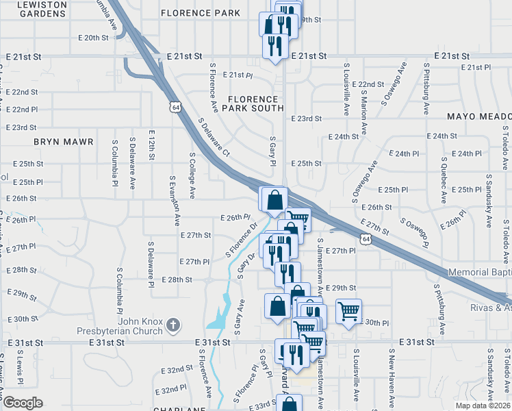 map of restaurants, bars, coffee shops, grocery stores, and more near 3185 East 26th Street in Tulsa