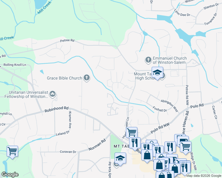 map of restaurants, bars, coffee shops, grocery stores, and more near 3995 Valley Court in Winston-Salem