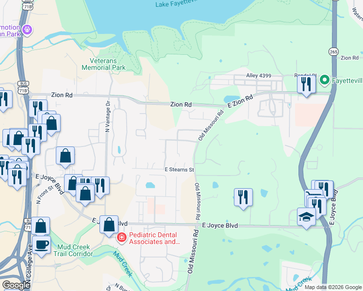 map of restaurants, bars, coffee shops, grocery stores, and more near 4114 North Sunflower Circle in Fayetteville